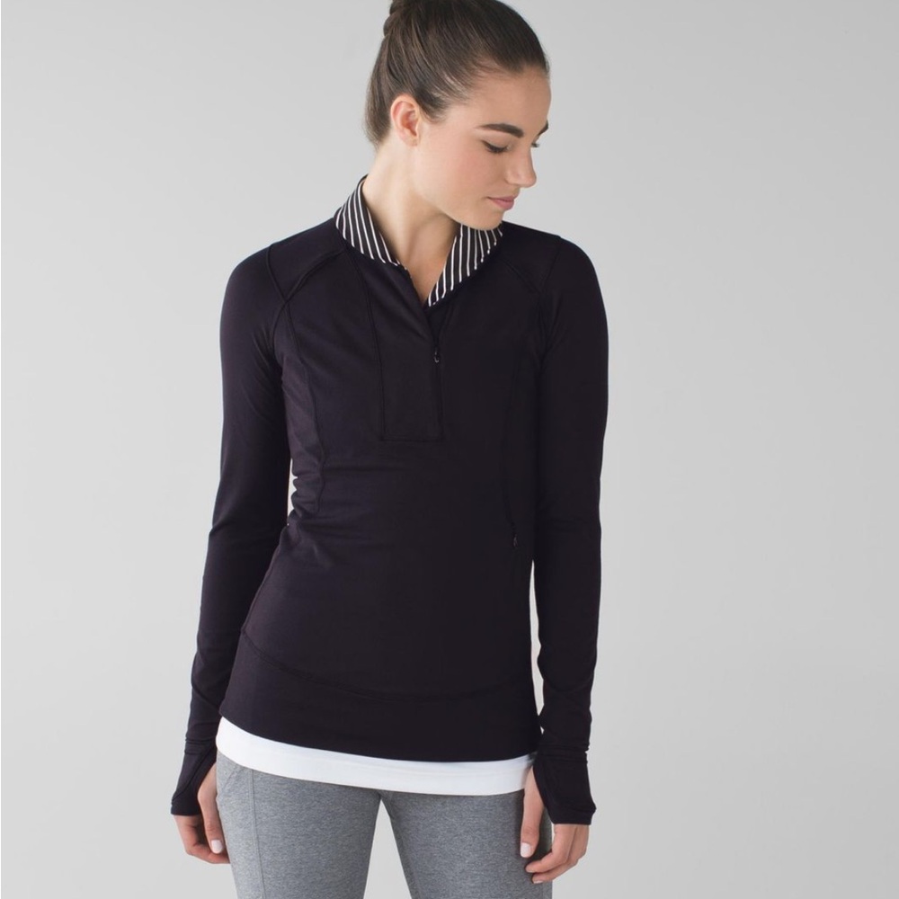 LULULEMON Think Fast Pullover Black Parallel Stripe Rulu Running Top SZ 4